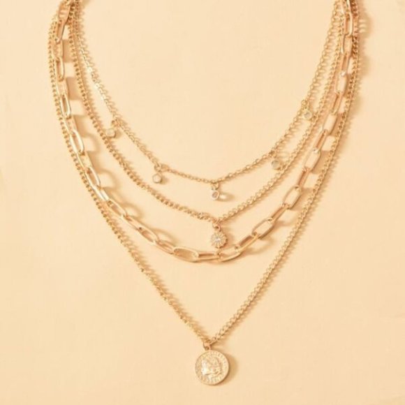 Multilayer Pendant Chain Necklace Set Boho Layered gold Tone - Picture 2 of 6